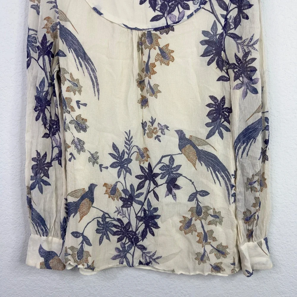 Tory Burch Shirt 4 Cream Silk Bird Floral Boho Cottagecore Artsy Romantic Luxury